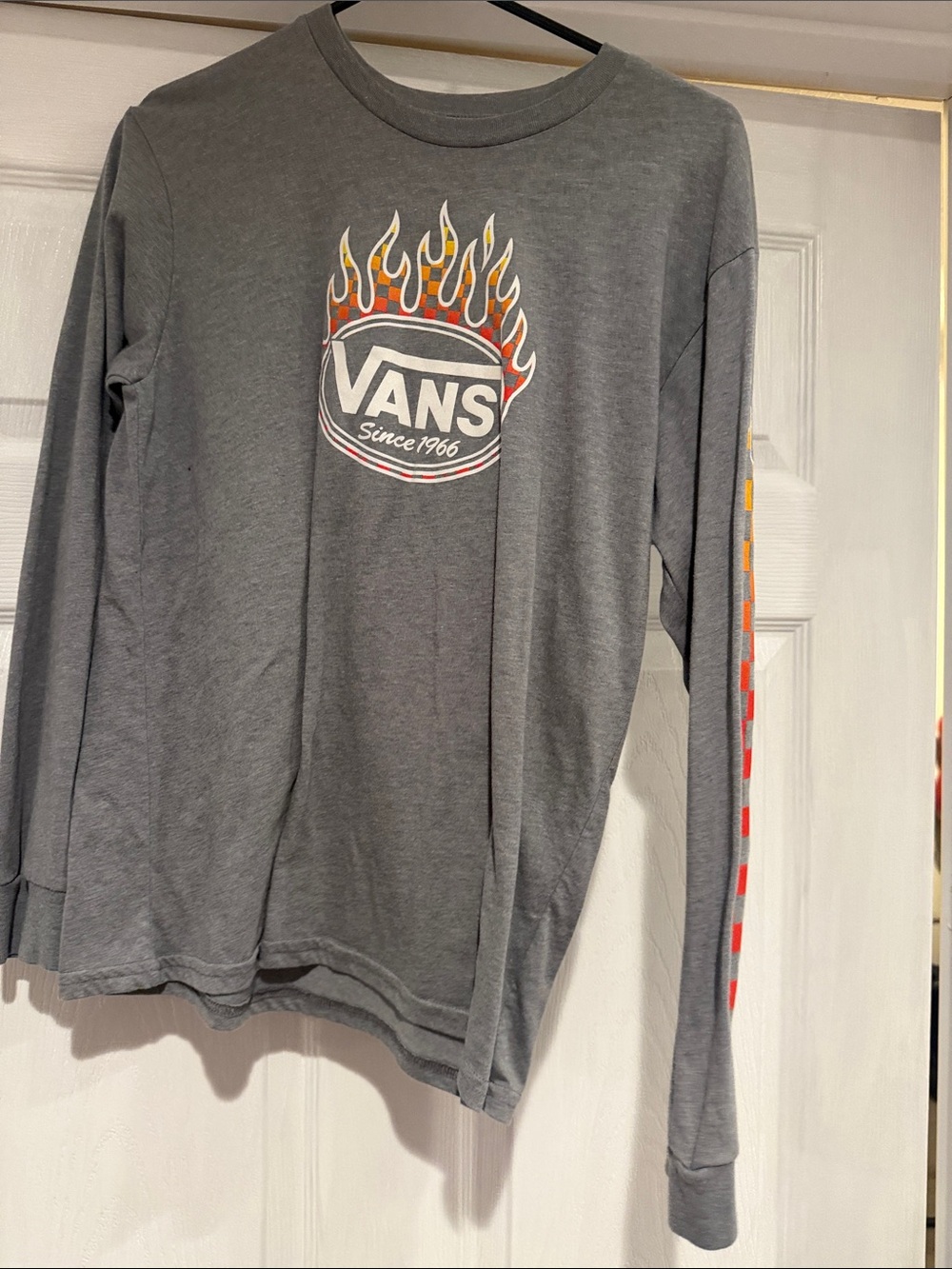 Vans Gray Long Sleeve Tee with Flame Logo and Checker Sleeve
